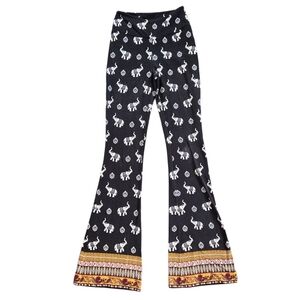Black Elephant Print Flared Pants